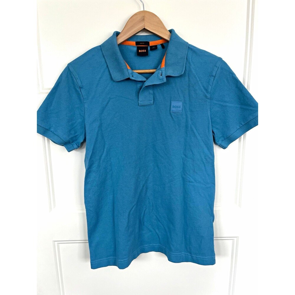 BOSS Hugo Boss Men's Passenger Polo Shirt Slim Fit Blue Orange Trim Pique Small